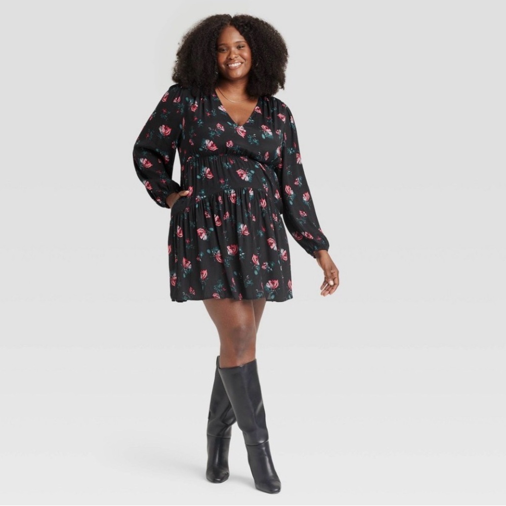 A New‎ Day floral long sleeve tiered mini dress NWT 4X